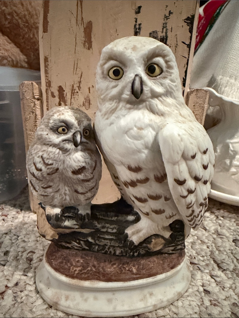 Ceramic Snowy Owl Statue Figurine Pair in White and Brown #1323